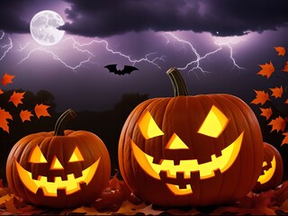 Halloween background with pumpkins and bat in a stormy night.