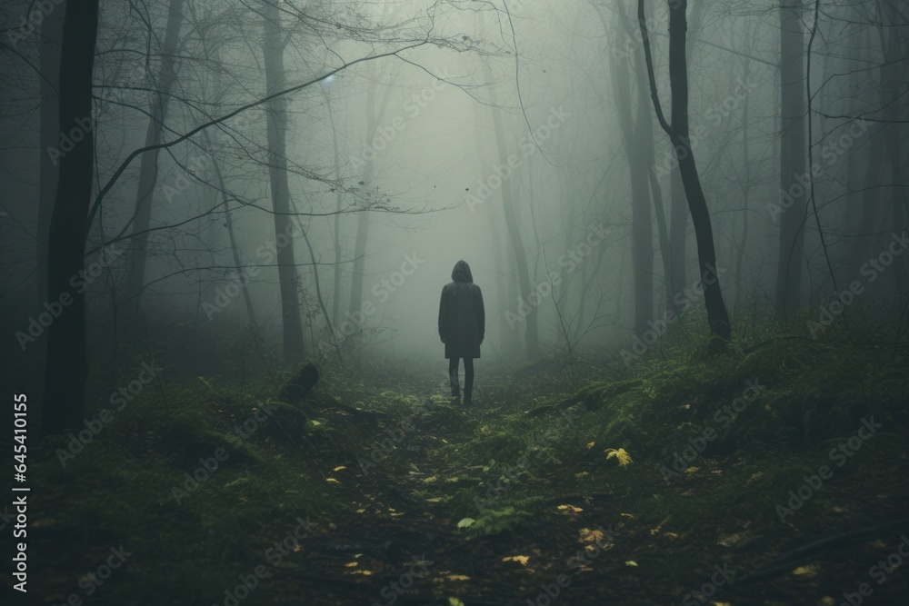 Poster silhouette of a man in the forest in the fog.