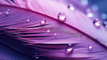  a close up of a purple feather with drops of water on it.  generative ai