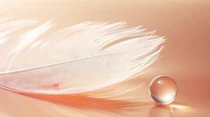  a white feather and a drop of water on a table.  generative ai