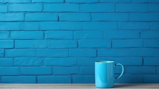 a blue brick wall with a blue coffee mug next to it.  generative ai