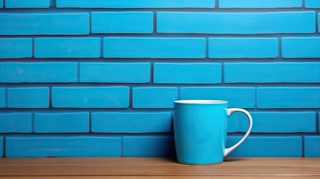  a coffee cup sitting on a table in front of a blue brick wall.  generative ai