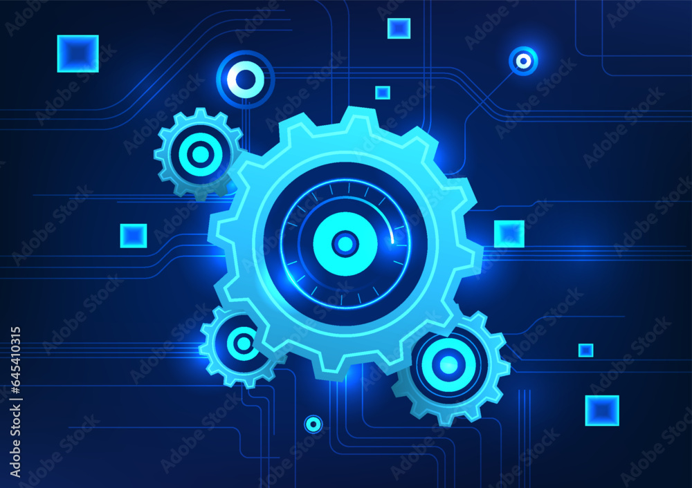 Poster geartechnology multiple overlapping gears are connected together with technological circuits. techno