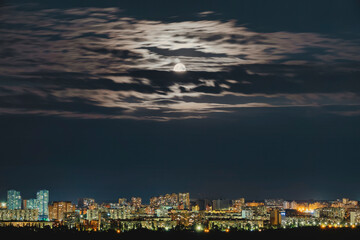 Night city lskyline with full Moon