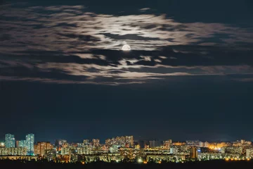 Rolgordijnen Night city lskyline with full Moon © Mny-Jhee