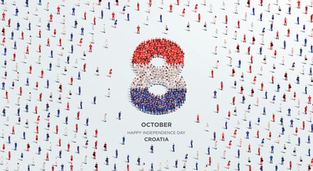 Happy Independence Day Croatia. A large group of people form to create the number 8 as Croatia celebrates its Independence Day on the 8th of October. Vector illustration. - obrazy, fototapety, plakaty