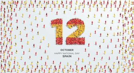 Happy National Day Spain. A large group of people form to create the number 12 as Spain celebrates its National Day on the 12th of October. Vector illustration.
