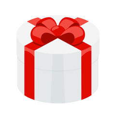 close a round or circle mystery gift box with a red ribbon on isolated white background. Random secret loot box concept. Vector illustration isometric cartoon flat design.