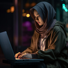 Photo of a beautiful Asian Muslim woman in casual wear working on a laptop in the modern new normal of clean.