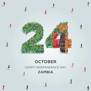 Happy Independence Day Zambia. A large group of people form to create the number 24 as Zambia celebrates its Independence Day on the 24th of October. Vector illustration.
