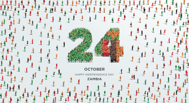 Happy Independence Day Zambia. A large group of people form to create the number 24 as Zambia celebrates its Independence Day on the 24th of October. Vector illustration.