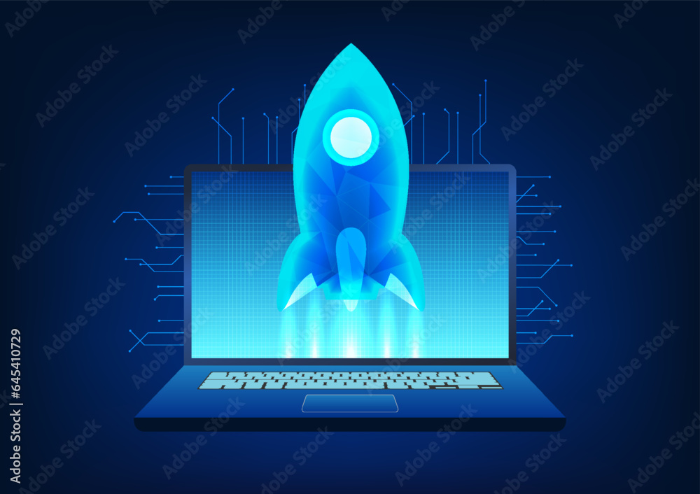 Poster notebook technology the screen has rockets rising behind it as a connected circuit board. refers to 