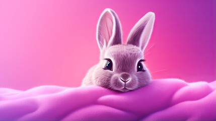  a rabbit is peeking out from behind a pink blanket on a pink background.  generative ai