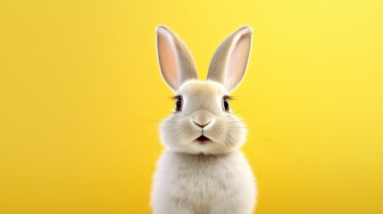 a white rabbit sitting on top of a yellow floor next to a yellow wall.  generative ai