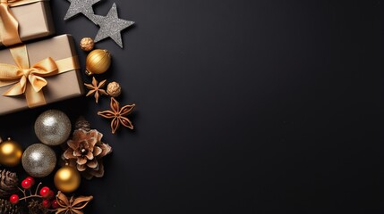  a black background with christmas decorations and presents on it, including a star, pine cones, and a gift box.  generative ai