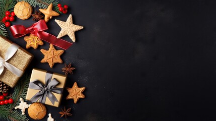  a black background with christmas decorations and presents on it, including cookies, crackers, and candy canes.  generative ai