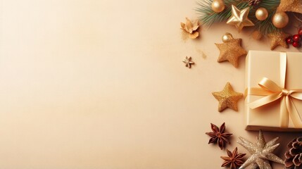  a white box with a gold bow and some christmas decorations.  generative ai
