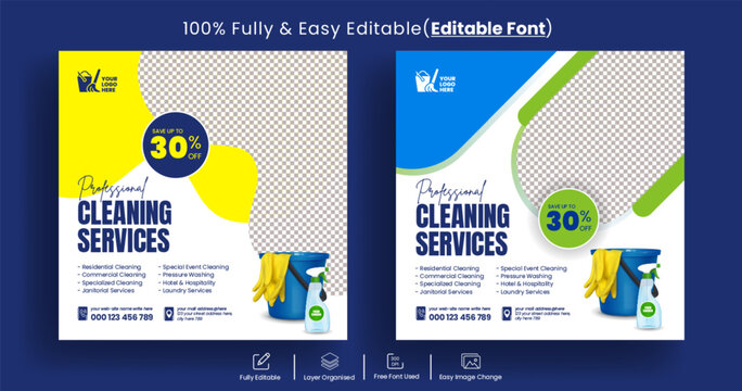 Cleaning service social media posts banner, business promotional ads, Maid service social media banner or web banner template design. Housekeeping, wash, 
clean or repair service marketing flyer