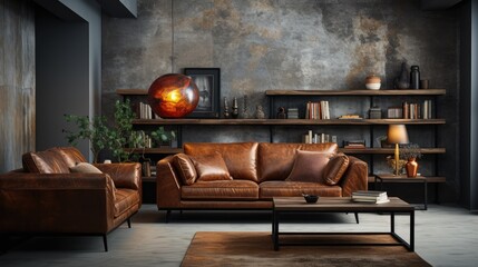 Interior living room wall with leather sofa and decor