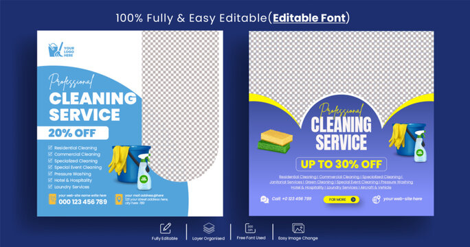 Cleaning Service Social Media Posts Banner, Business Promotional Ads, Maid Service Social Media Banner Or Web Banner Template Design. Housekeeping, Wash, 
Clean Or Repair Service Marketing Flyer