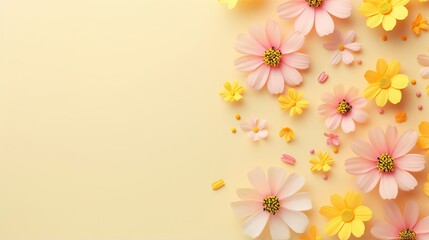  a bunch of flowers that are on a yellow background with a place for text.  generative ai