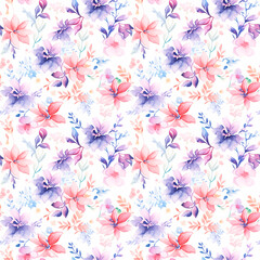 Seamless watercolor floral patterns, with flowers and foliage. Japanese abstract style. Use for wallpapers, backgrounds, packaging design, or web design