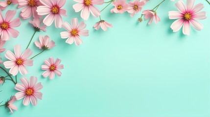 Fototapeta na wymiar pink flowers on a blue background with a place for text. generative ai