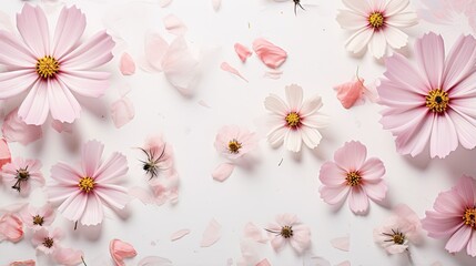  pink and white flowers on a white surface with petals scattered around.  generative ai