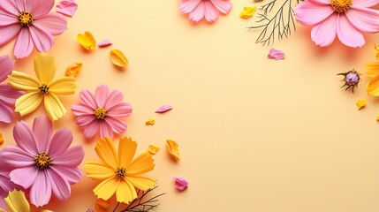  a bunch of flowers that are on a yellow background with pink and yellow petals.  generative ai