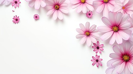  a bunch of pink flowers are on a white background with space for text.  generative ai