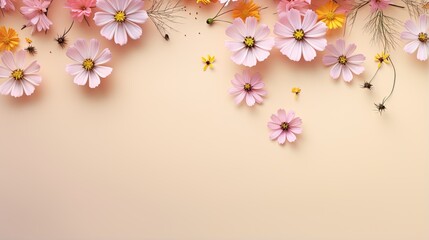  a bunch of pink and yellow flowers on a beige background.  generative ai