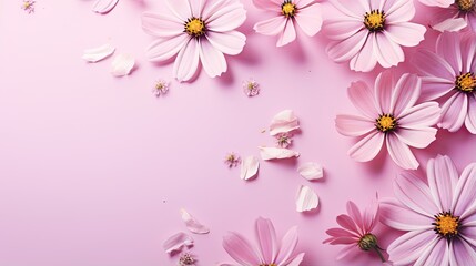 pink flowers on a pink background with white daisies on the bottom.  generative ai