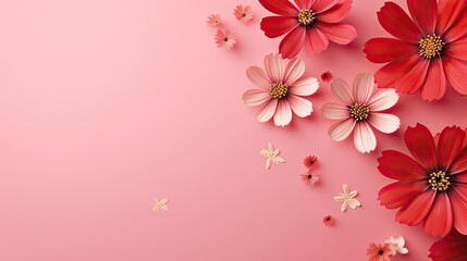  a pink background with red and white flowers on top of it.  generative ai
