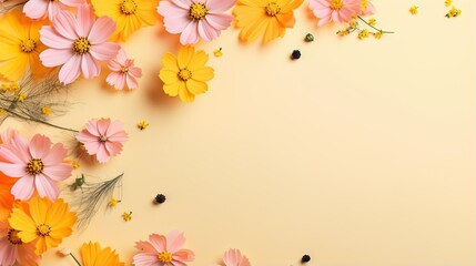  a yellow and pink background with flowers and a bee on it.  generative ai