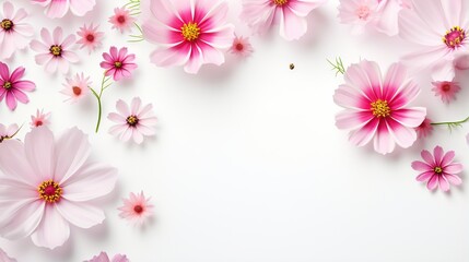  a bunch of pink flowers on a white background with space for text.  generative ai