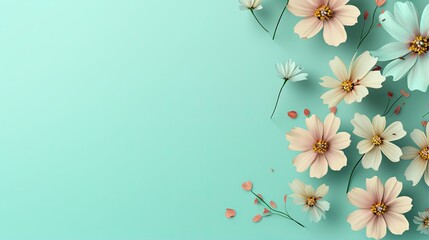  a bunch of flowers that are on a blue background with a place for text.  generative ai