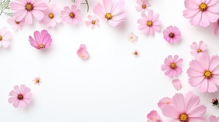  a bunch of pink flowers on a white background with space for text.  generative ai