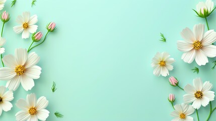  a bunch of white flowers with green stems on a blue background.  generative ai