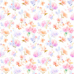Fototapeta na wymiar Seamless watercolor floral patterns, with flowers and foliage. Japanese abstract style. Use for wallpapers, backgrounds, packaging design, or web design