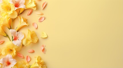  yellow and pink flowers on a yellow background with a place for text.  generative ai