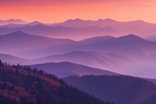 Abstract background of overlapping hills, Pink and purple hazy mountain view,  mountains, ridges, dynamic colurful sky