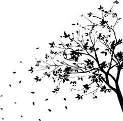Vector illustration of isolated, realistic tree branch with leaves and two birds, in black color, on white background. Wall sticker