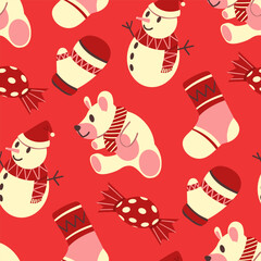vector christmas snowman, bear, glove, sock, and candy seamless pattern on red.