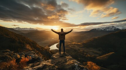 Man raises one hand punching the air on mountain peak with sunset background