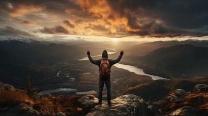 Fototapeta na wymiar Man raises one hand punching the air on mountain peak with sunset background