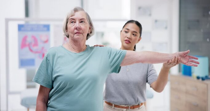 Elderly woman, physiotherapy doctor and stretching muscle, workout support or fitness in healthcare clinic. Medical, physical therapy or orthopedic consulting and helping senior patient with arm exam