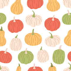 Pumpkins seamless pattern. Hello autumn, autumn harvest, farming. Flat, hand drawn texture for wallpaper, textile, fabric, paper. Hand drawn vector illustration