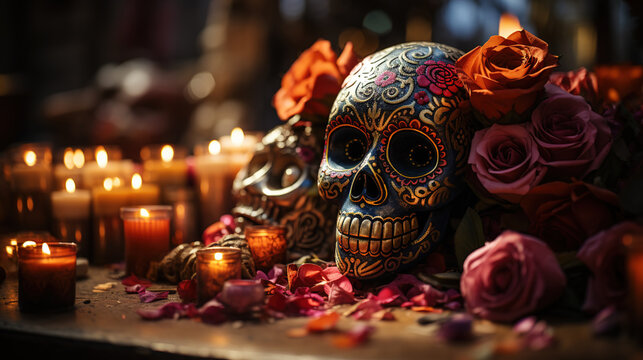 Traditionally painted sugar skulls on an altar with candles and flowers. Mexican Day of the Dead (Halloween)
