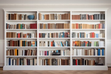 Books on white shelf. - obrazy, fototapety, plakaty