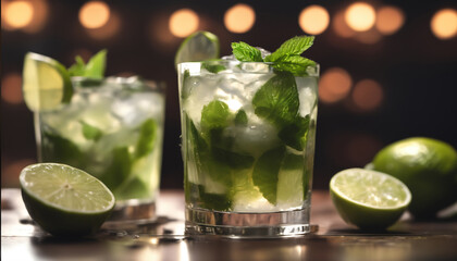 Refreshing alcohol drink cocktail with fruit berries and mint leaves on bar counter bokeh background 